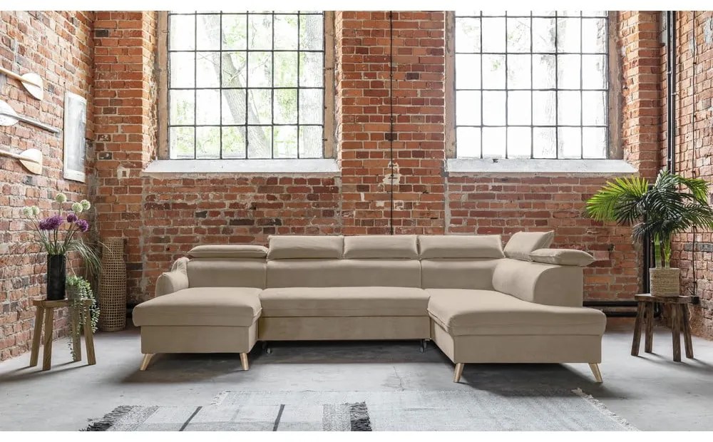 Divano letto angolare in velluto beige a "U" (angolo destro) Sweet Harmony - Miuform
