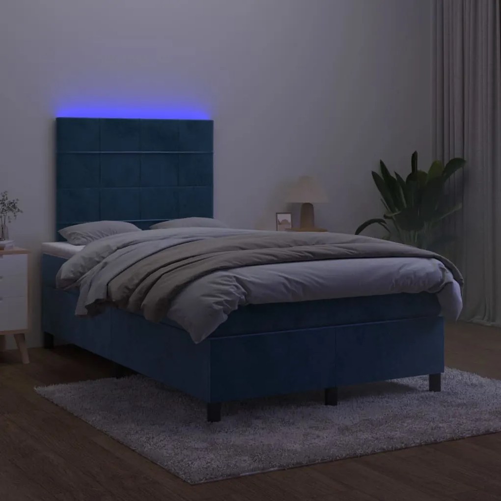 Letto a molle materasso e led blu scuro 120x190 cm in velluto