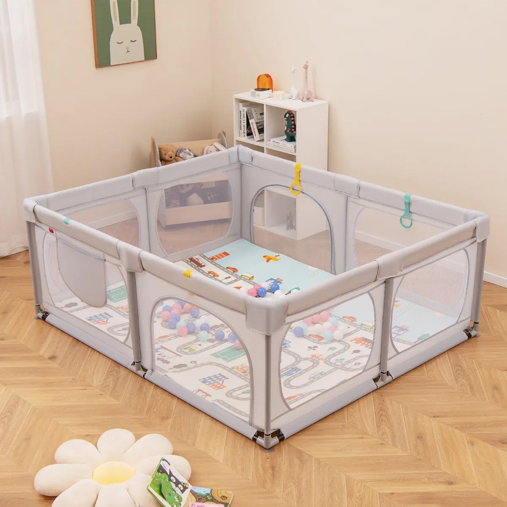 Costway Box per bambini con materassino 4 anelli e 50 palline colorate, Recinto per bambini grande 189x158cm 2 Colori