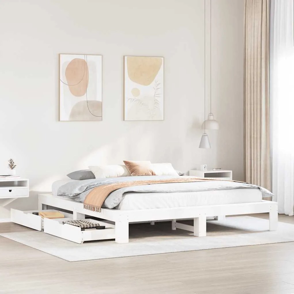 Giroletto Senza Materasso Bianco 200x200 Cm Legno Massello Pino /