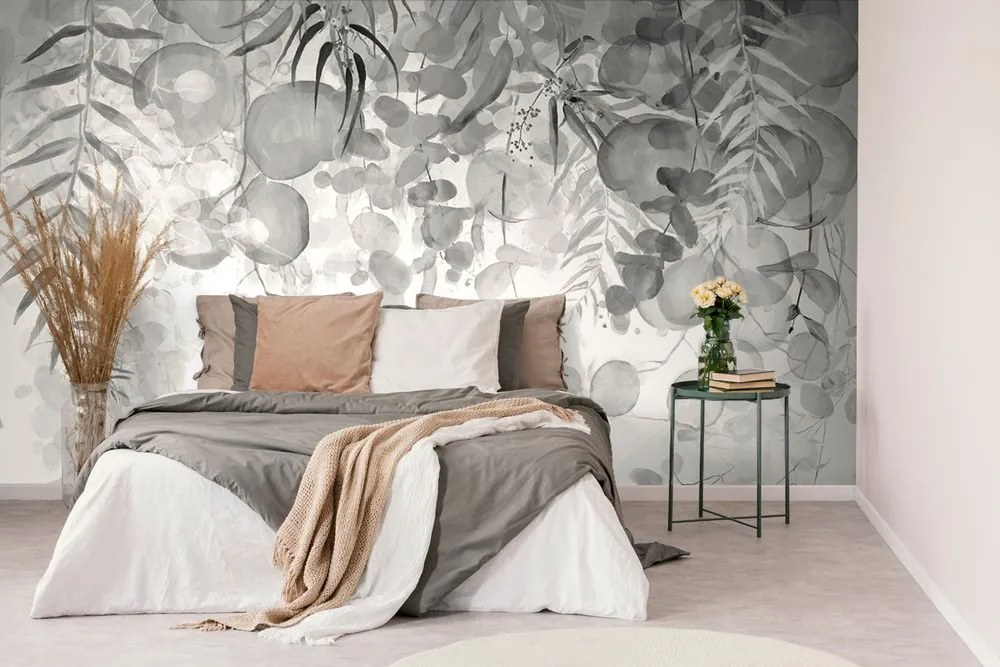 Carta da parati autoadesiva – Foglie delicate in bianco e nero
