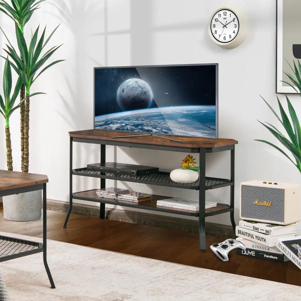 Costway Mobile TV industriale per televisori fino a 46 pollici, Mobile in legno a 3 livelli con telaio in acciaio Marrone