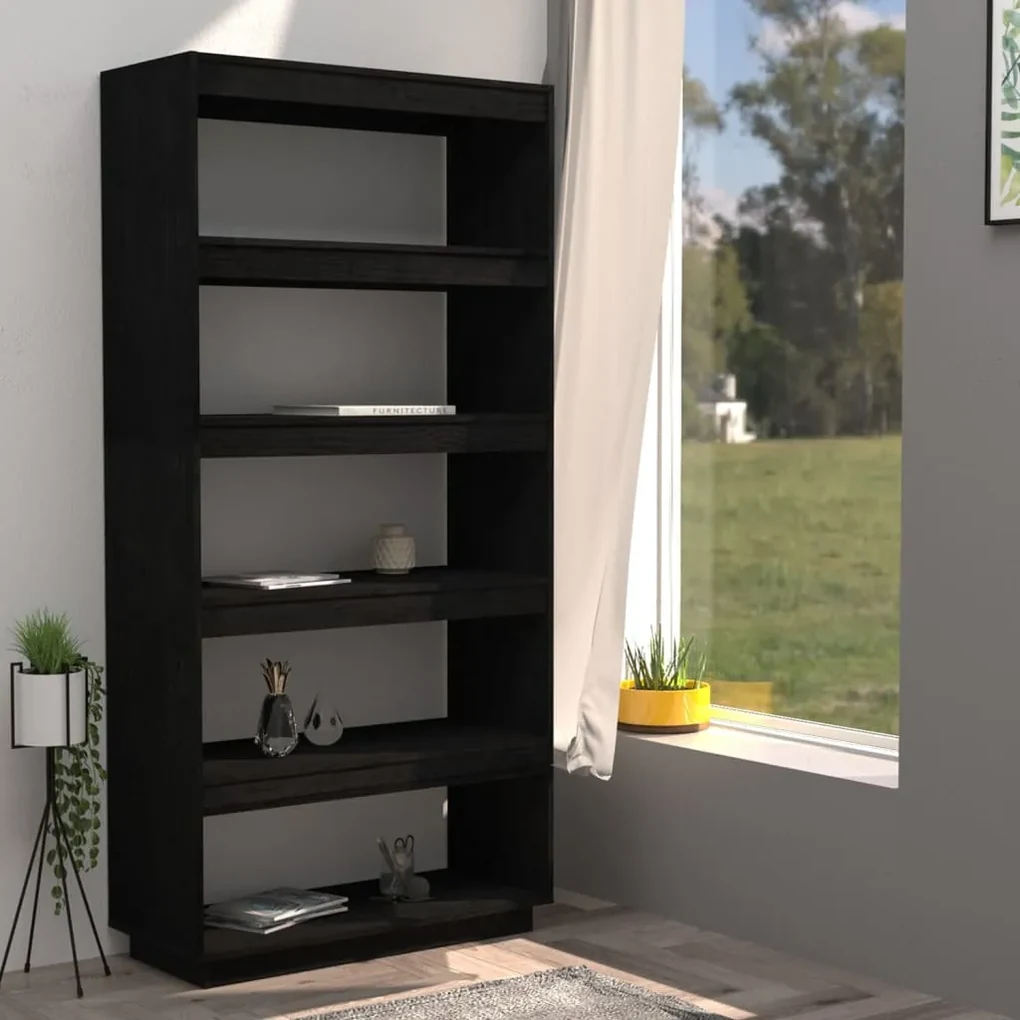Libreria/divisorio nero 80x35x167 cm in massello di pino