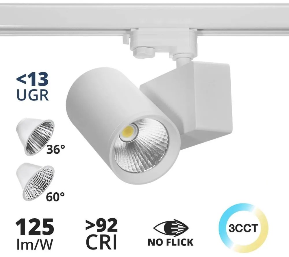 Faro LED 42W Binario Trifase CRI92, UGR13, 36°/60° con driver Philips Colore Bianco Variabile CCT