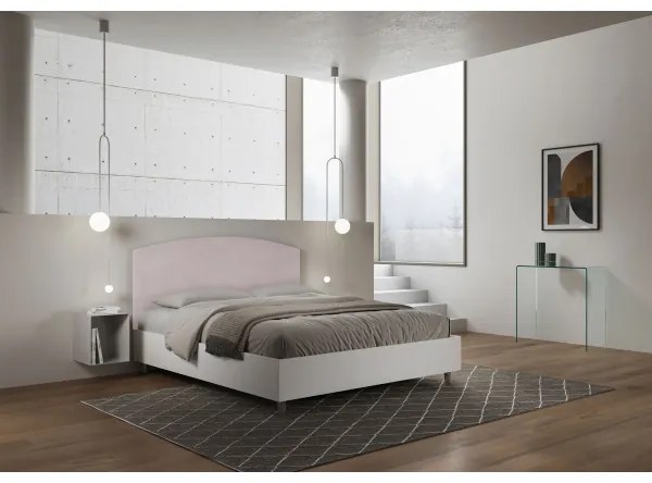 Letto contenitore da 160x200 in legno bianco e testata in microfibra glicine Antilia