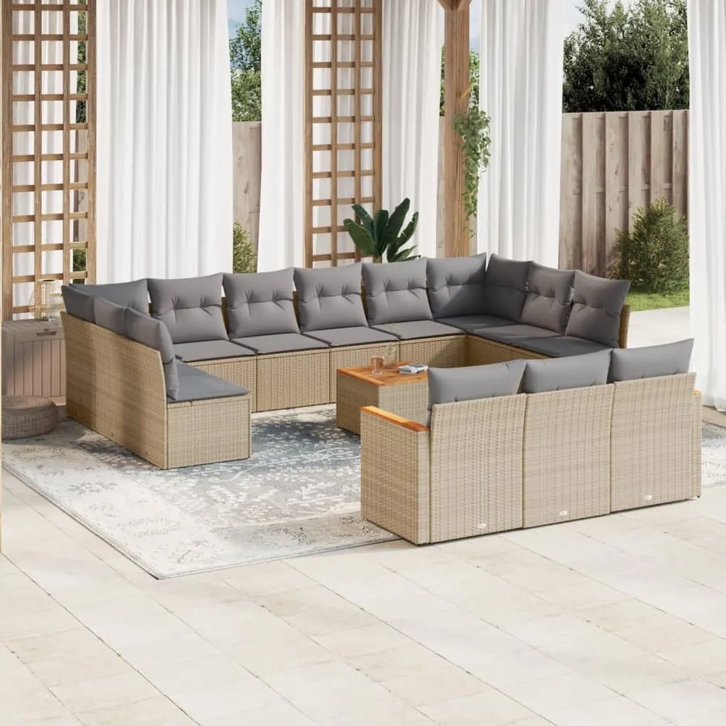 Set divano da giardino 14 pz con cuscini beige misto polyrattan