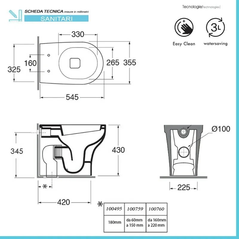 Wc filo muro scarico traslato rimless Azzurra serie Pratica