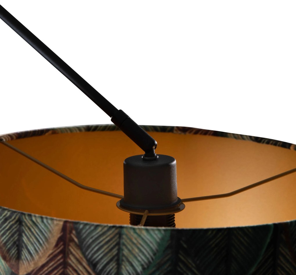 Lampada a sospensione nera con paralume in velluto con motivo a foglie e interno dorato 40/40/40 - Blitz