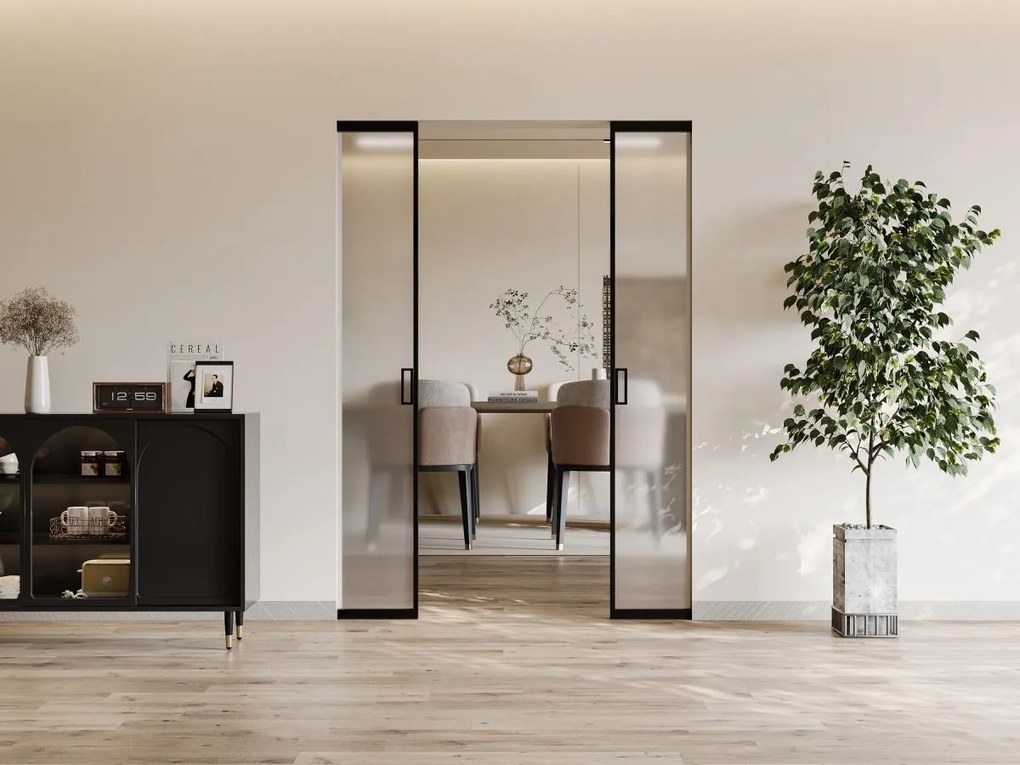 Porta scorrevole doppia con sistema a incasso 2xH205xL73cm Alluminio e Vetro temperato smerigliato - LINCI II