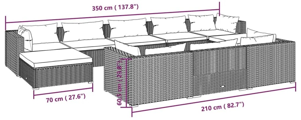 Set Divani da Giardino 10 pz con Cuscini in Polyrattan Grigio