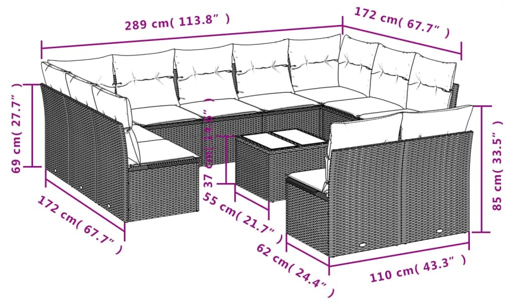 Set divani da giardino 12 pz con cuscini grigio in polyrattan