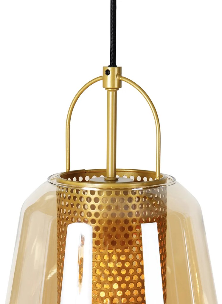 Lampadario oro con vetro ambrato 23 cm oblungo 3 luci - Kevin