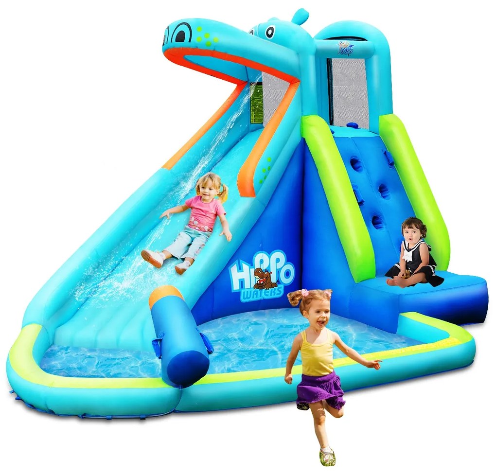Costway Scivolo d'acqua gonfiabile a forma di ippopotamo con piscina per bambini da gioco esterno 3,5x3x2,25m Blu