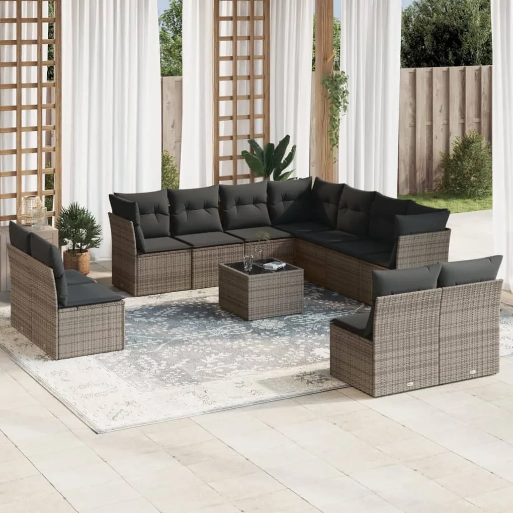 Set divani da giardino 12 pz con cuscini grigio in polyrattan