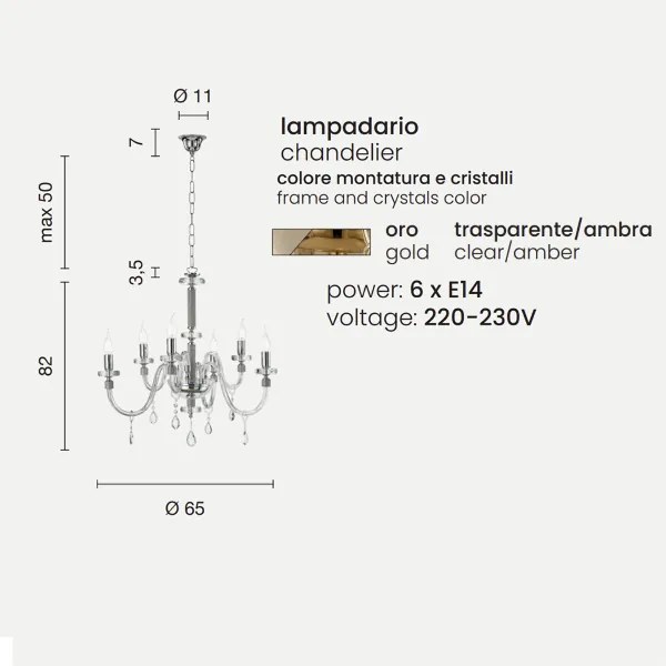 Lampada a sospensione DIDO in vetro trasparente lavorato a mano 6 LUCI AMBRA