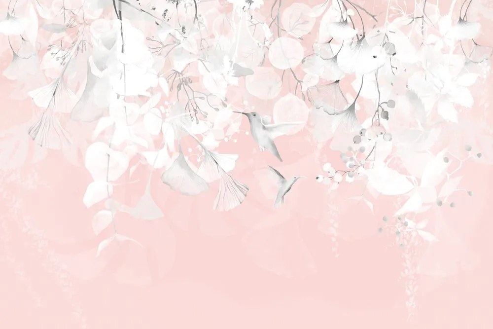 Carta da parati – Foglie con Colibrì in Rosa-Grigio