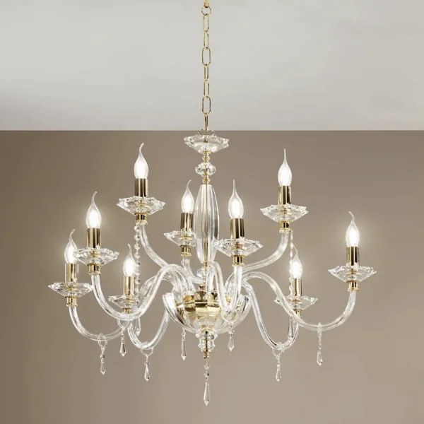 Lampadario FIAMMA in cristallo e vetro trasparente finitura oro D85 cm 9 LUCI