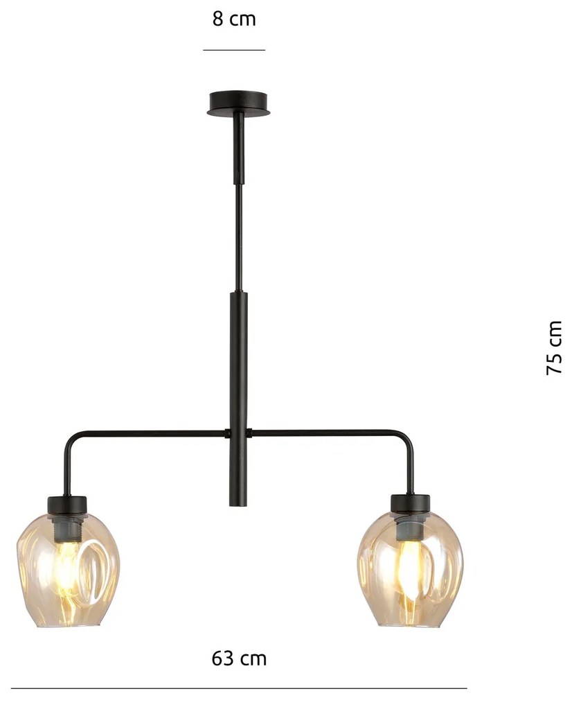 Lampadario Moderno 2 Luci Lukka In Accaio Nero E Vetro Ambra