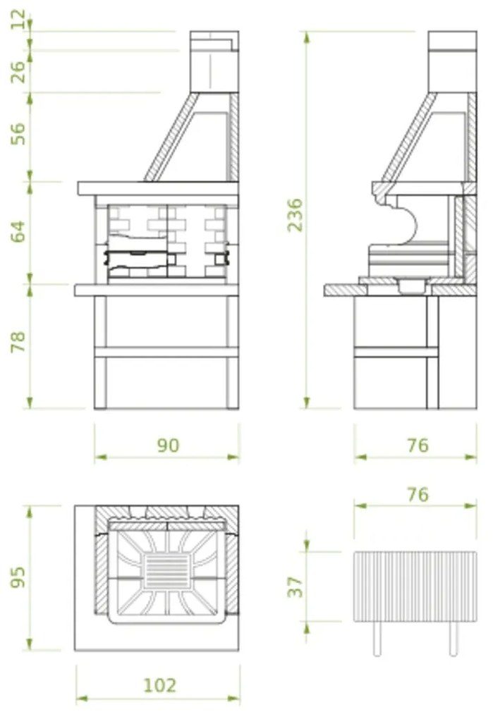 Palazzetti Levanzo barbecue angolare destro grezzo con cassetto cenere e braciere portalegna e piano in Marmotech grigio