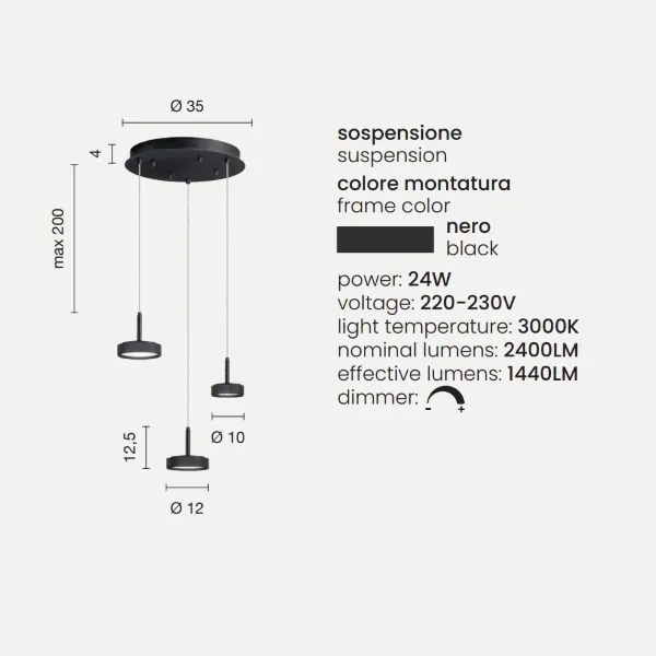 Lampada a sospensione NINA in metallo verniciato Nero 3 Luci Led