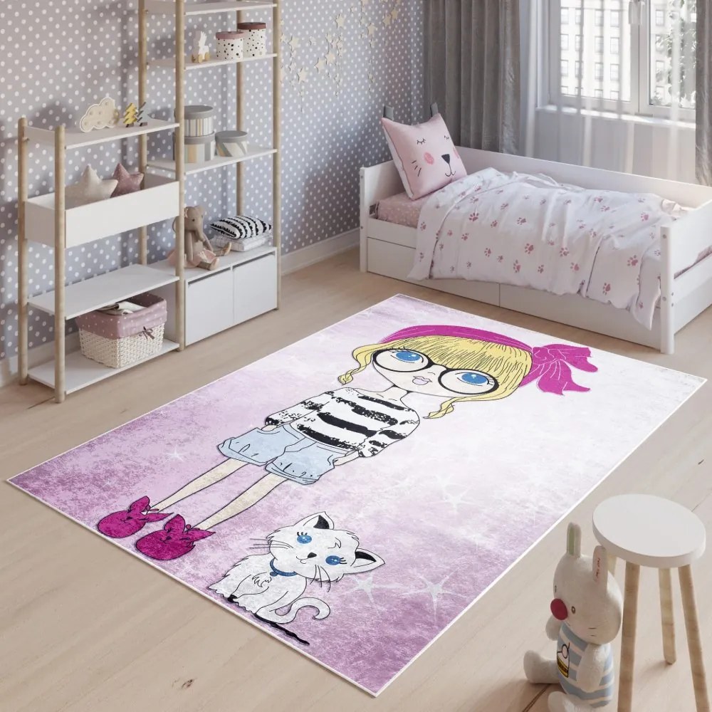 Tappeto per bambini per la camera di una bambina con una signorina e un gatto Larghezza: 140 cm | Lunghezza: 200 cm