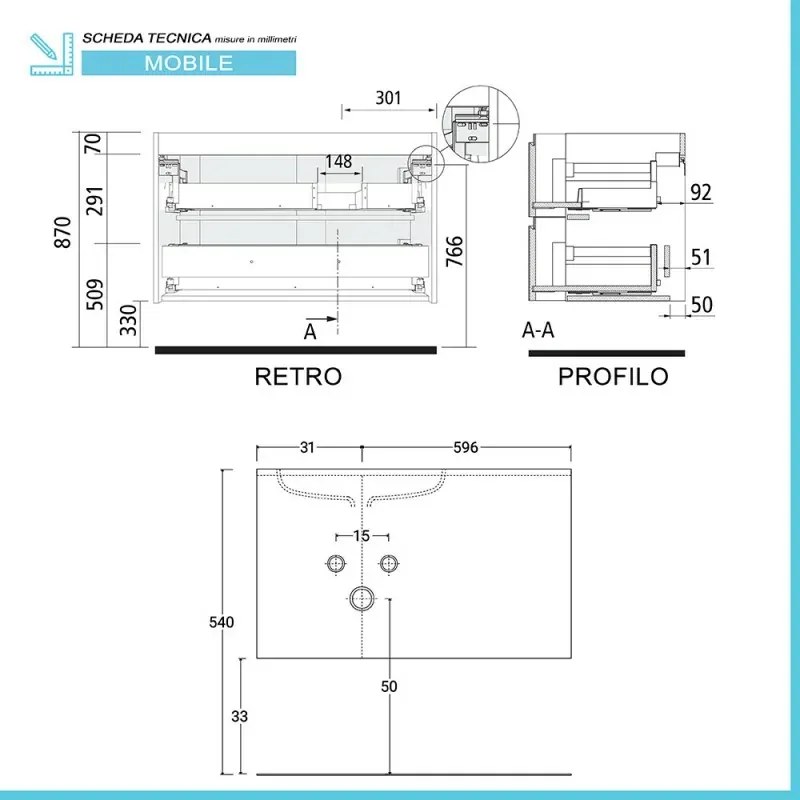 Mobile bagno sospeso 90 cm Melody bianco opaco con vasca a destra
