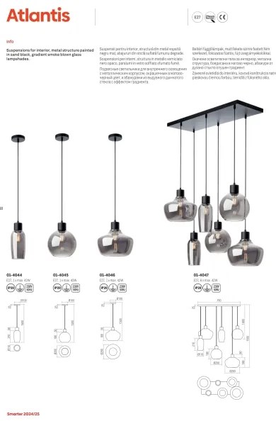 Redo 01-4046 - Lampadario a sospensione con filo ATLANTIS 1xE27/42W/230V diametro 26 cm nero