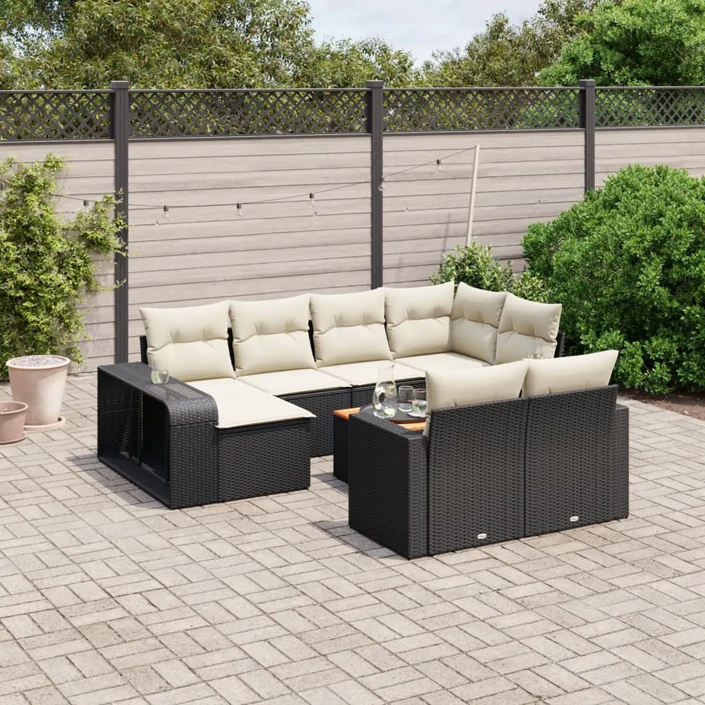 Set divani da giardino 11 pz con cuscini in polyrattan nero