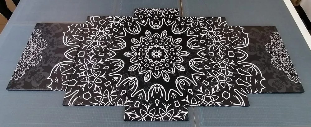 Quadri 5 pezzi – Mandala con motivo astratto in bianco e nero