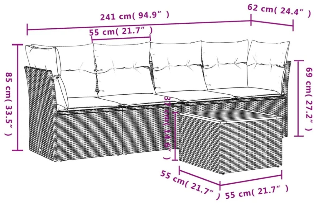 Set Divano da Giardino 5 pz con Cuscini Grigio in Polyrattan