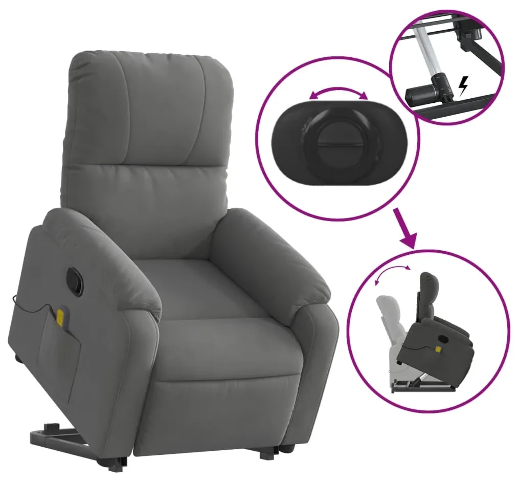 Poltrona a rialzo massaggi reclinante grigio scuro microfibra