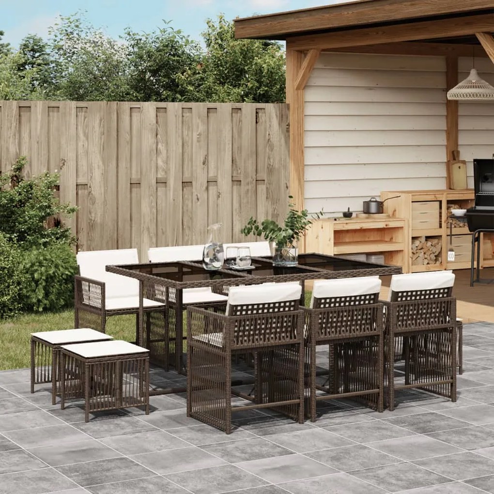 Set da pranzo da giardino 11 pz con cuscini polyrattan marrone