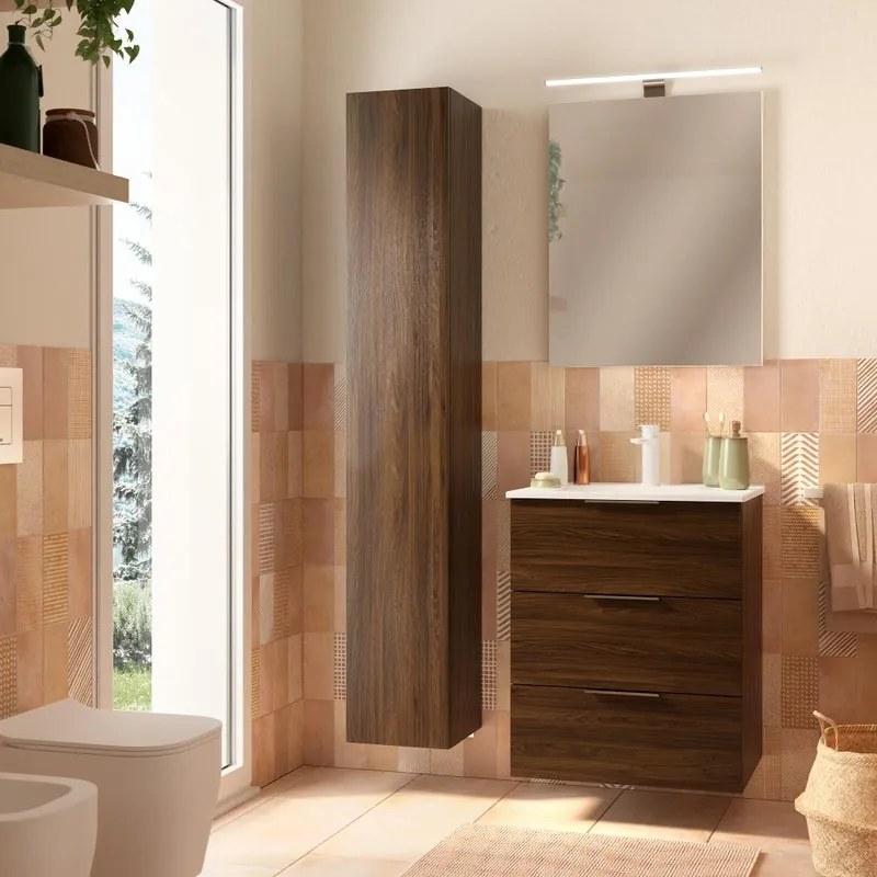 Mobile bagno sospeso con lavabo L 60 x H 72 x P 45 cm noce browny 3 cassetti per vasca centrale Jnka