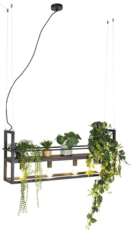Lampada a sospensione industriale nera con ripiano in legno 4 luci - Cage Rack