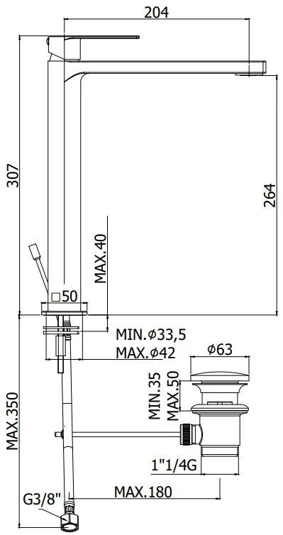 Paffoni Tango Ta085st Miscelatore Lavabo alto per ciotola Prolungato Con Piletta Steel Looking Acciaio