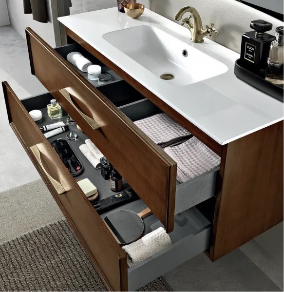 Mobile da bagno sospeso moderno base 100 CLASSIC con 2 cassetti e lavabo, NOCE CHIARO
