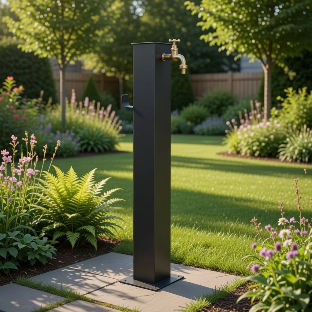 Fontana da Giardino Design a Colonna Quadrata Rubinetto in Ottone e Base 5 mm Antracite...