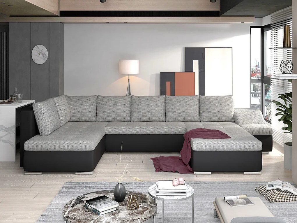 Divano letto matrimoniale angolare Boston - Ecopelle nero+tessuto grigio chiaro grezzo