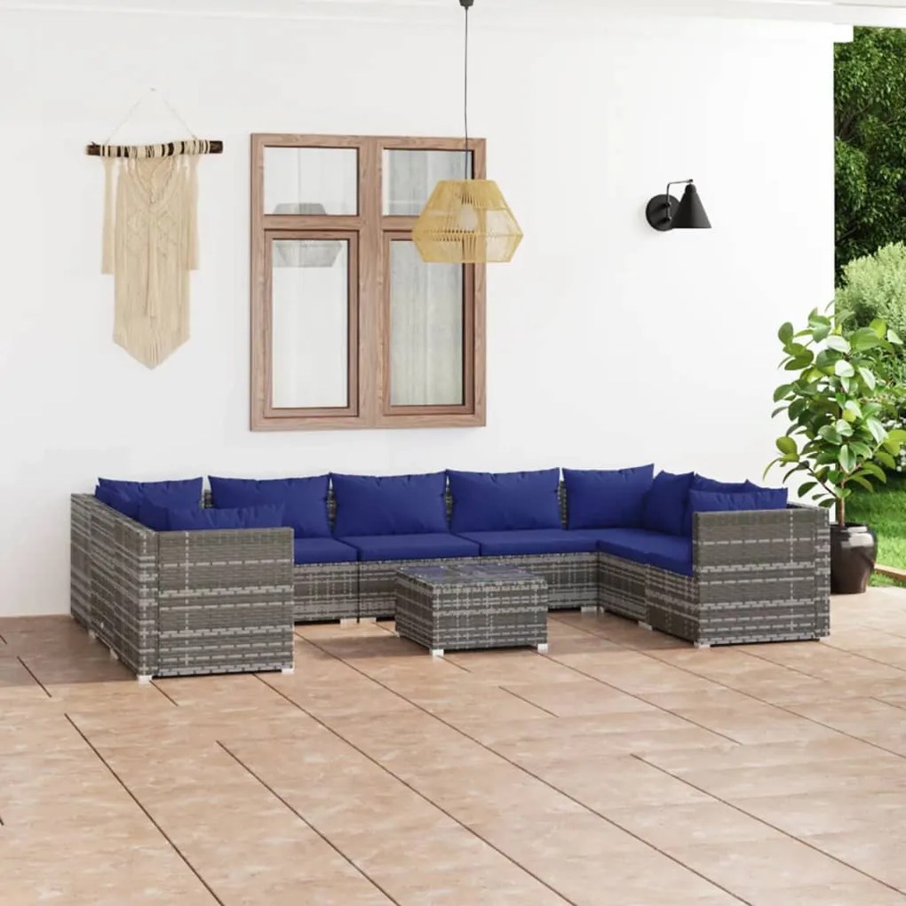 Set Divani da Giardino 10 pz con Cuscini in Polyrattan Grigio