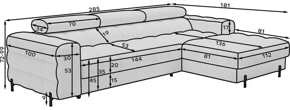 Divano angolare blu allungabile/con contenitore (con penisola a destra/con chaise lounge) con rivestimento in bouclé Felro – ELTAP