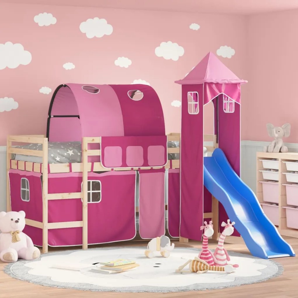 Letto A Soppalco Con Torre Bambini Rosa 80x200cm Massello Pino /