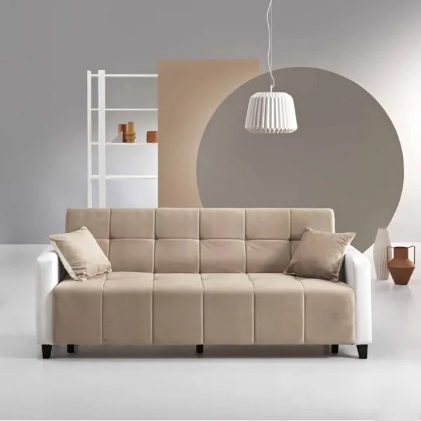 Divano letto 213 cm seduta tessuto Nocciola struttura ecopelle Bianco PARADISE