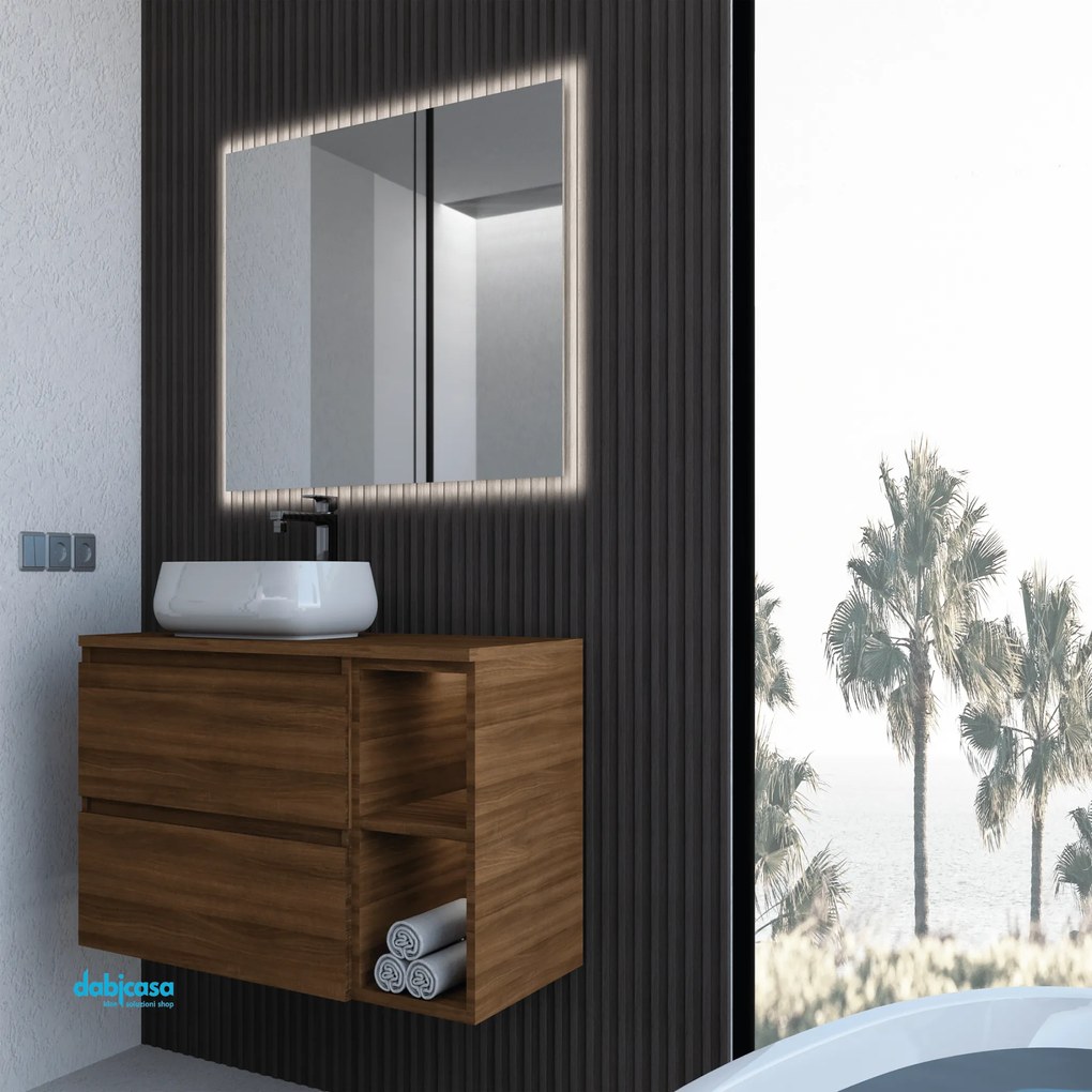 Mobile Bagno Sospeso "Minerva Piano" Da 120 Cm Composto Da Due Cassetti Ed Un Vano a Giorno Lavabo E Specchio