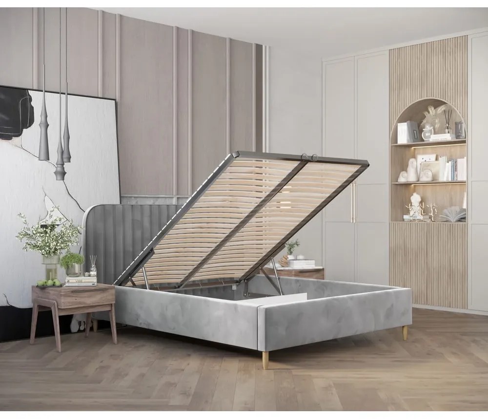 Letto matrimoniale imbottito grigio con spazio contenitivo e rete 180x200 cm Noto - Maison de Rêve