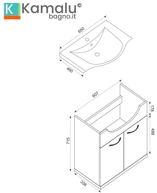 Kamalu - Composizione bagno a terra o sospesa 65 cm bicolore bianco e legno chiaro | LAC-ESTIA-65