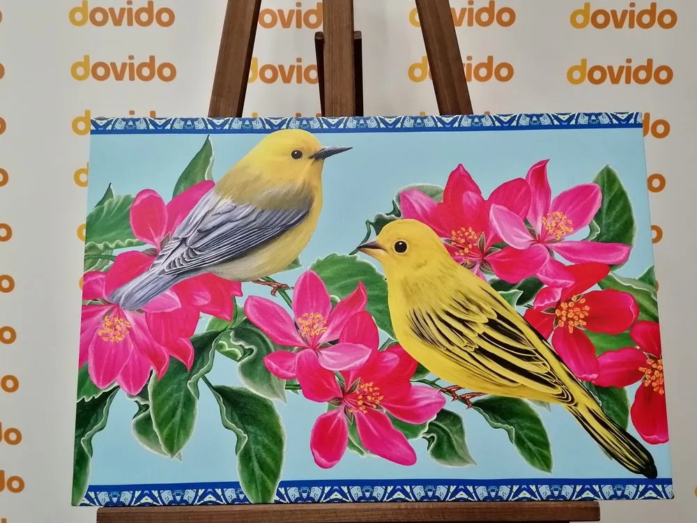 Quadro su tela – Uccellini e fiori in versione vintage