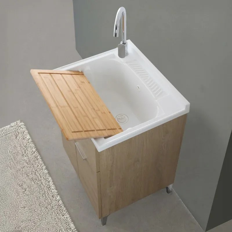 Mobile lavatoio 60x50 cm rovere con vasca in resina e asse lavapanni