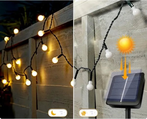 Catena luminosa solare 30x LED/8 funzioni 500 mAh 6,5 m IP67 bianco caldo