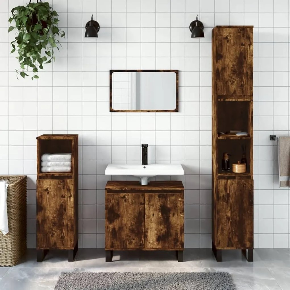 Set Mobili Da Bagno 3 Pz Rovere Fumo İn Legno Multistrato /