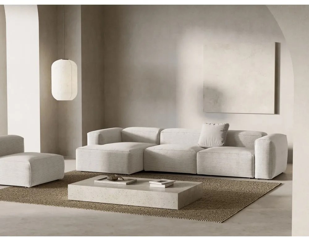 Divano angolare beige (con penisola a sinistra/con chaise lounge) con rivestimento in velluto a coste Bergamo – Cosmopolitan Design